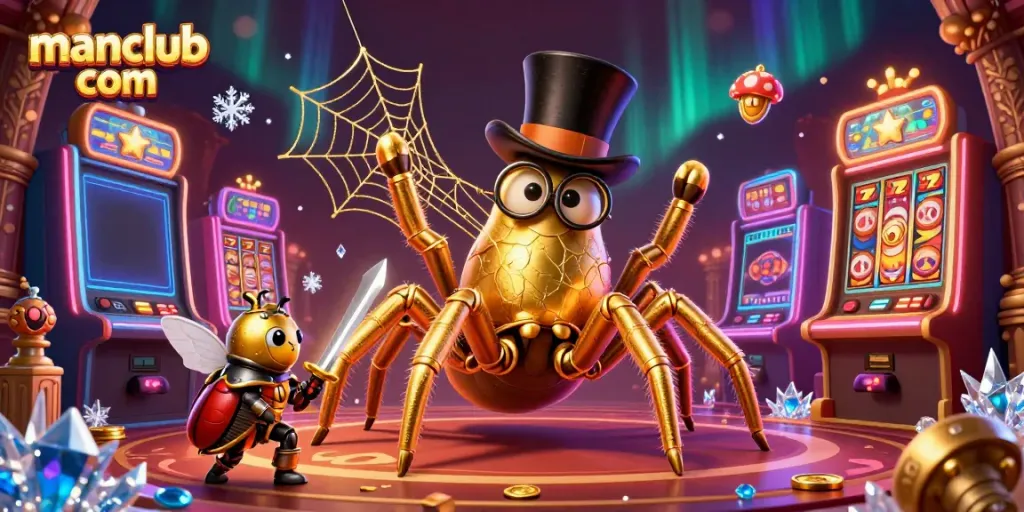 Experience thrilling action at manclub com with a cartoon tarantula weaving a golden web among colorful casino elements.