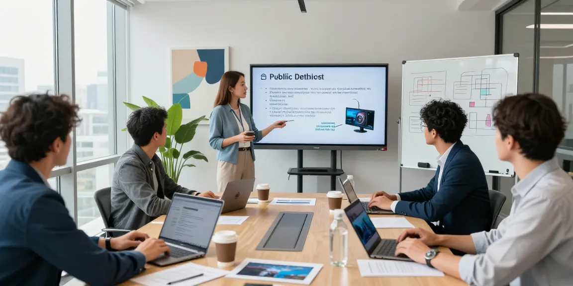 Public address system installation presentation in a modern conference room with diverse professionals engaged.