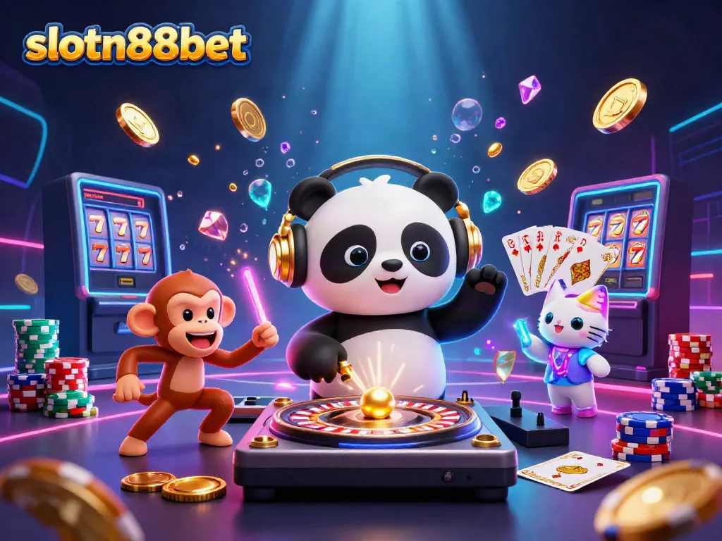 Experience the thrill of gameplay at slotn88bet with a DJ panda, dancing monkey, and glowing kitten.