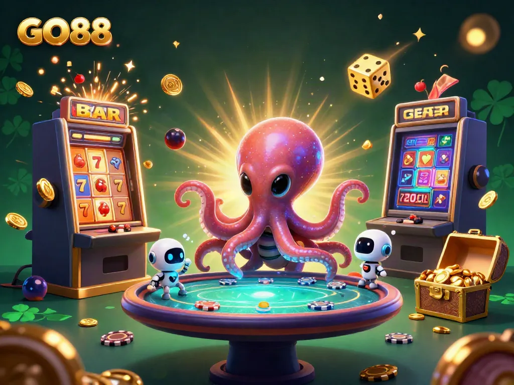 Engage with GO88's vibrant casino universe featuring a playful alien octopus and exciting poker action.