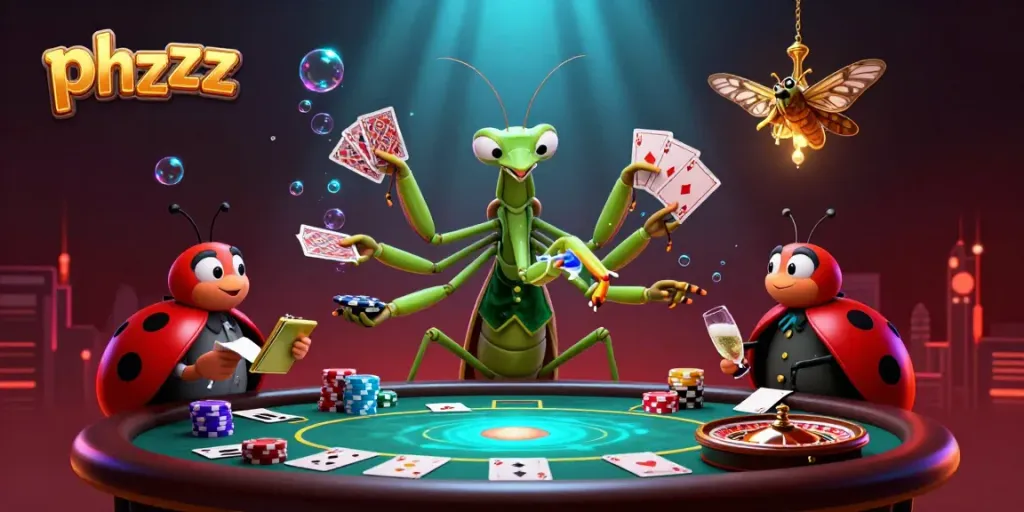 Experience thrilling poker action with phzzz in a vibrant casino scene featuring unique cartoon characters.