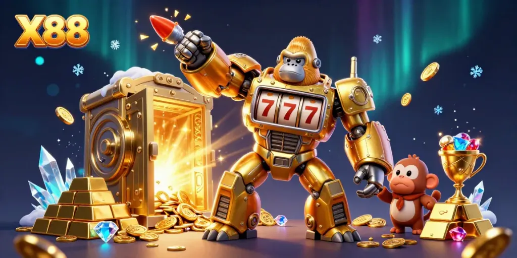 Experience the excitement of winning at X88 with vibrant casino-themed 3D digital artwork.