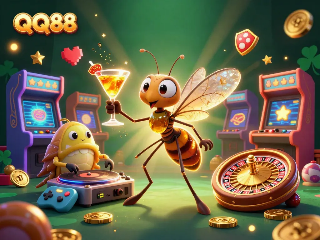 Engage with QQ88's vibrant casino culture featuring playful characters in a colorful, dynamic scene.