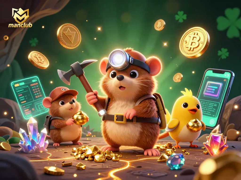 Experience thrilling wins at manclub with vibrant illustrations of mining treasure and crypto symbols.