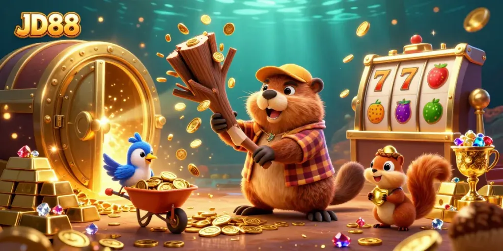 Engage with JD88's casino adventures featuring dynamic characters collecting coins in a vibrant atmosphere.