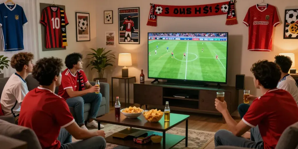 Fans enjoying a live match on Gavangtv in a vibrant home setting.