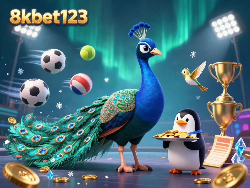 Engage with 8xbet123 by enjoying this vibrant scene of casino characters and sports elements.