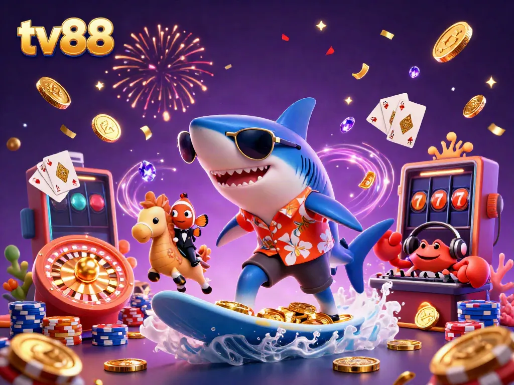 Experience the thrill of tv88 with vibrant casino elements and dynamic characters celebrating in a gold coin wave.