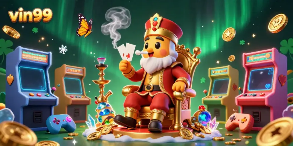 vin99 showcases a vibrant casino scene with a whimsical caterpillar character and dynamic gaming elements.