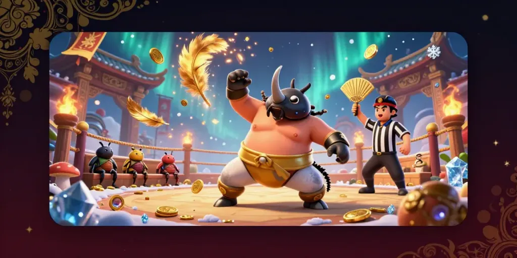 Experience exhilarating gameplay with au88, featuring a sumo beetle champion amid golden coins and festive atmosphere.