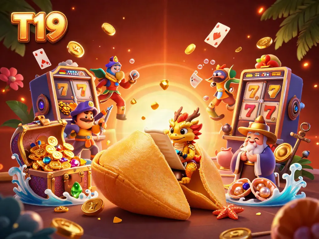 Experience the thrilling world of gambling with T19's vibrant casino scene featuring ornate elements, lucky charms, and dynamic energy.