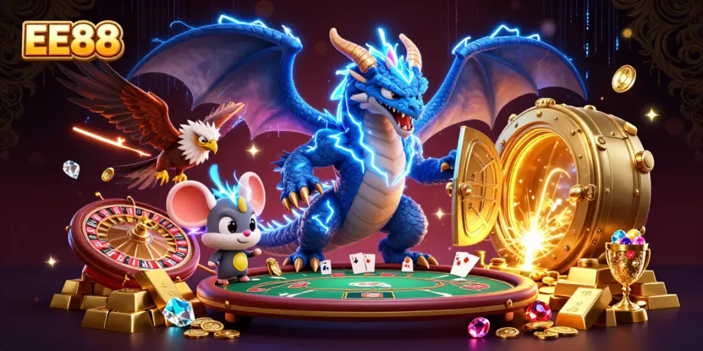 Experience thrilling live casino action with EE88's colorful characters and luxurious gold.