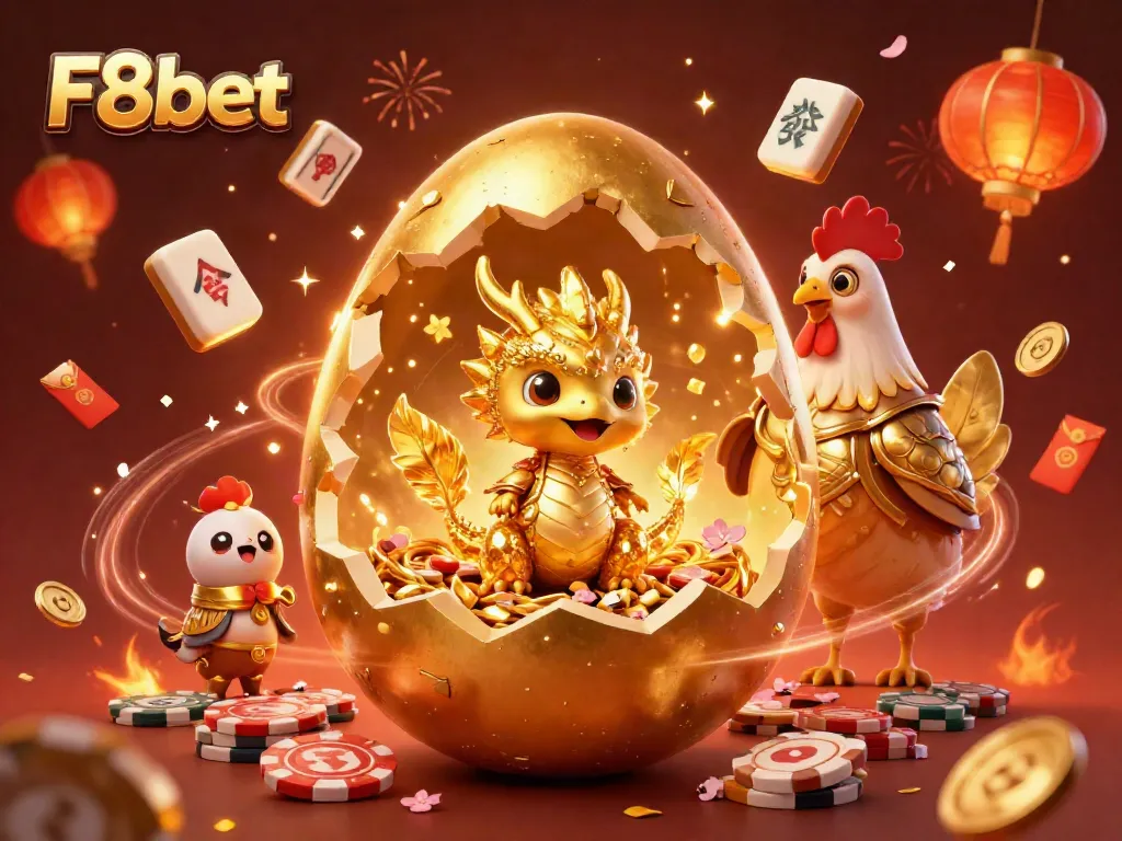 Engage with F8bet's immersive casino scene featuring a golden dragon amidst festive elements.