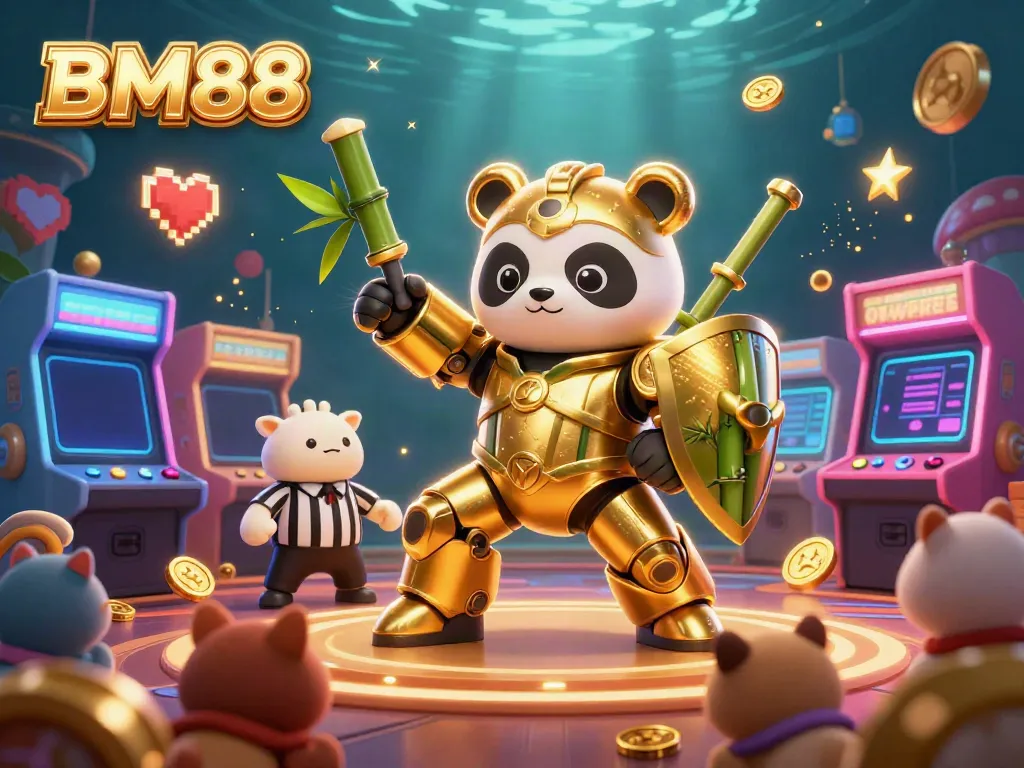 Experience the thrilling action of BM88 with a golden panda mech suit in an exciting casino arena.
