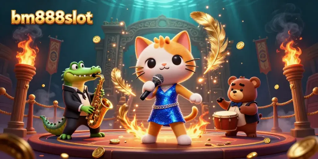 Join the excitement of bm888slot with a jazz-singer cat, saxophone crocodile, and drum-playing bear in a dazzling casino scene.