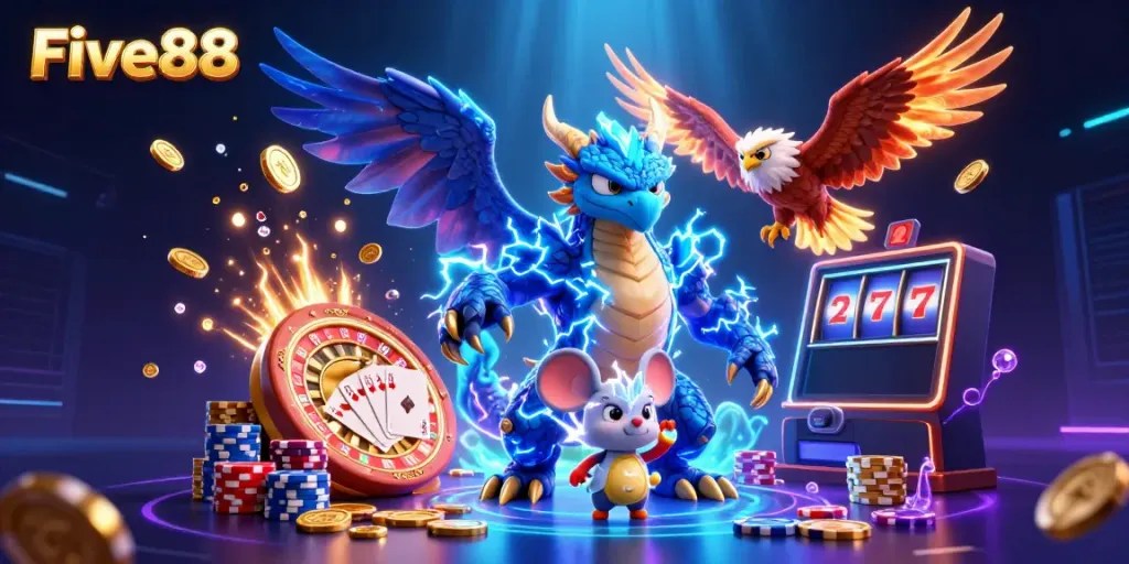 Experience thrilling wins at Five88 with a vibrant casino scene filled with excitement and dynamic gaming elements.