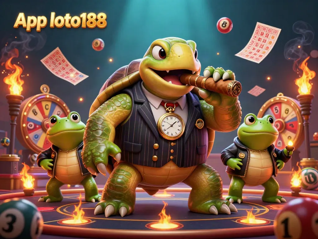 Join the excitement with App loto188, featuring a massive turtle in a mobster suit and unique lottery elements.
