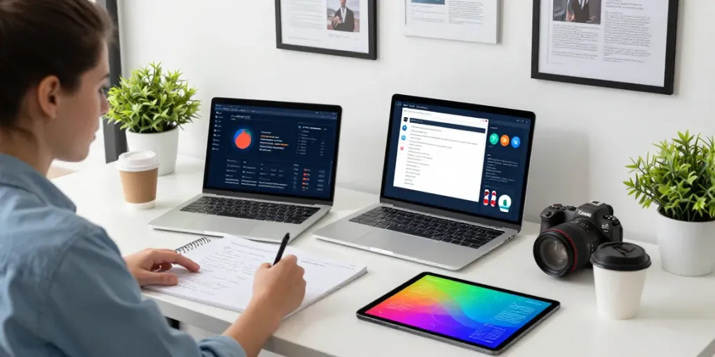 Young journalist researching for elligilgal.com in a modern office space with technology and healthcare materials.