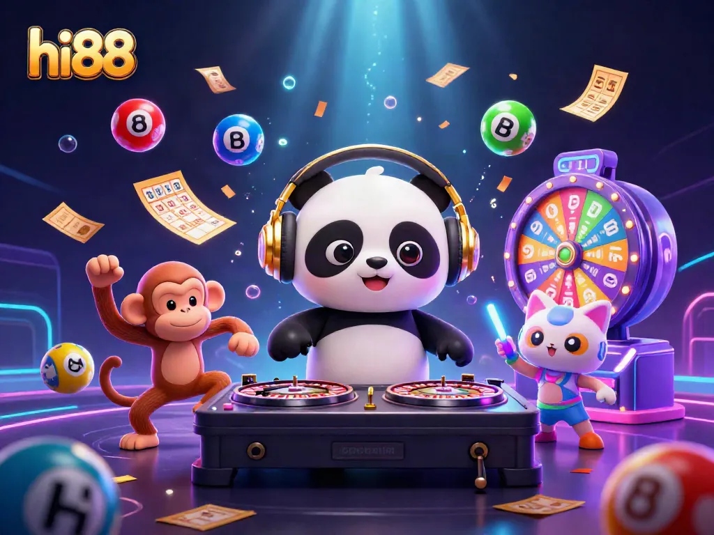 Experience vibrant gaming action in hi88 with a DJ panda, monkey, and kitten amidst lively casino elements.
