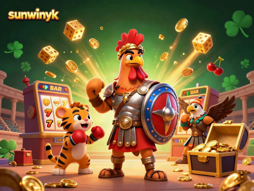 Engage in exciting casino action with sunwinyk's 3D gladiator rooster amid a jackpot explosion.