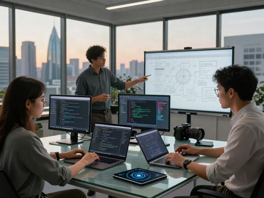 Engaging workspace with developers focusing on nsfw ai technologies, showcasing coding and brainstorming activities.