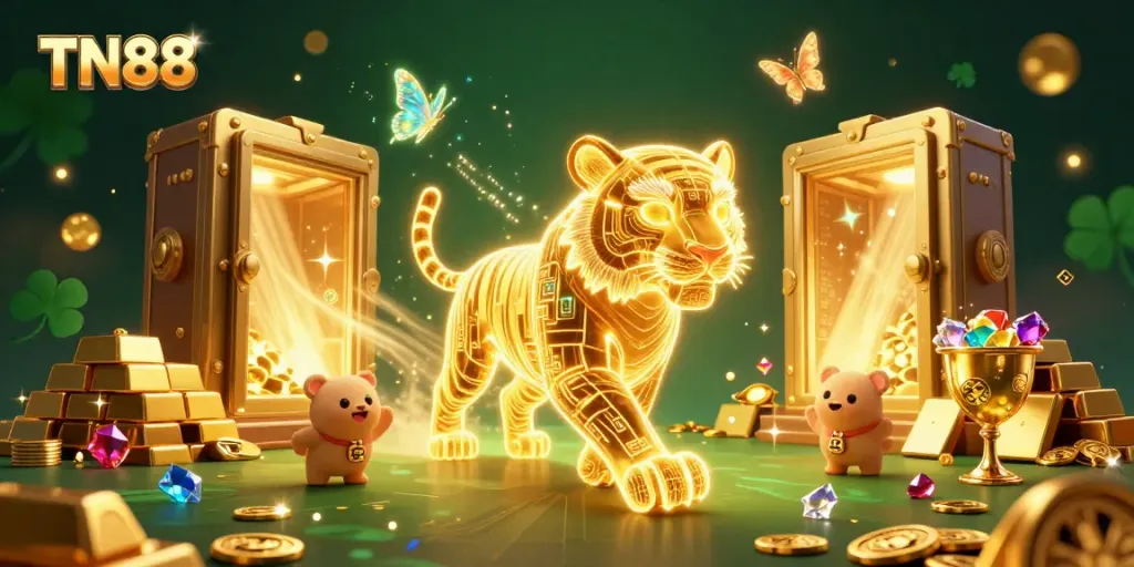 Experience the vibrant TN88 casino world with engaging golden tiger and treasures.