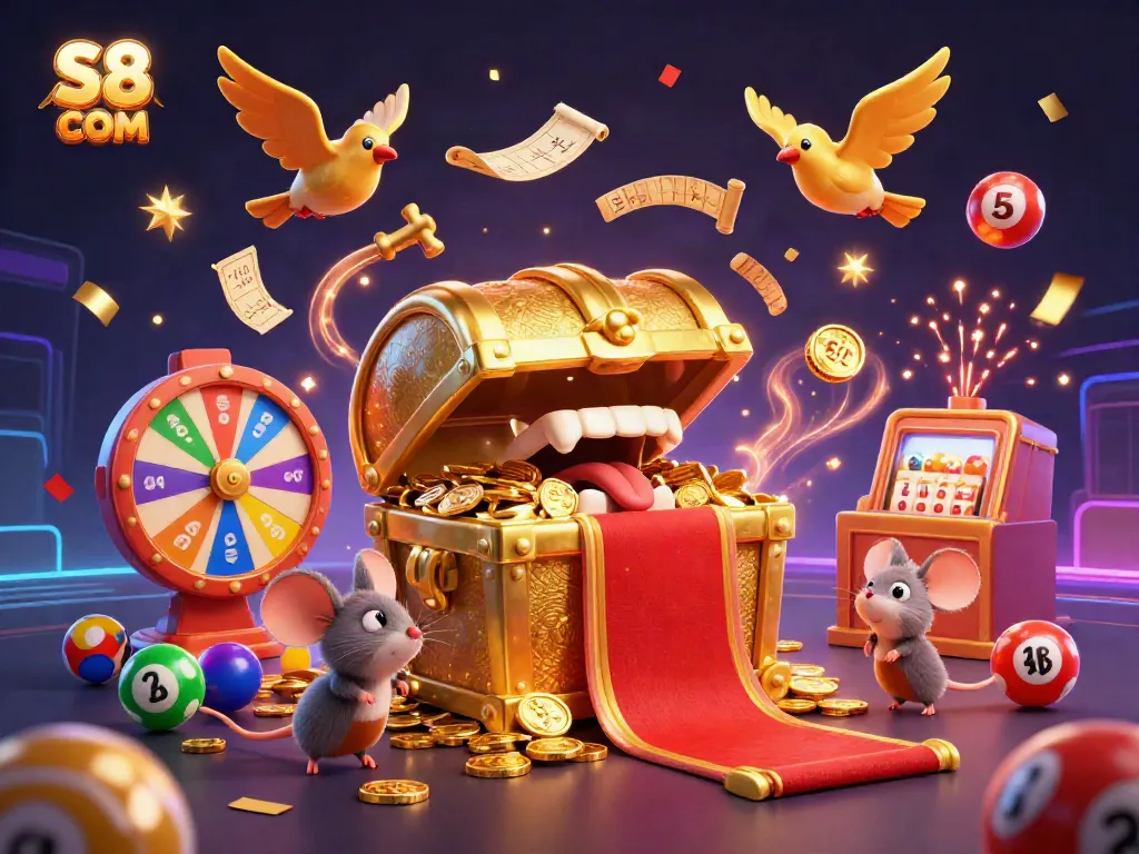 Engage with the vibrant S8 COM treasure hunt scene filled with casino elements, lively lottery balls, and golden giveaways.
