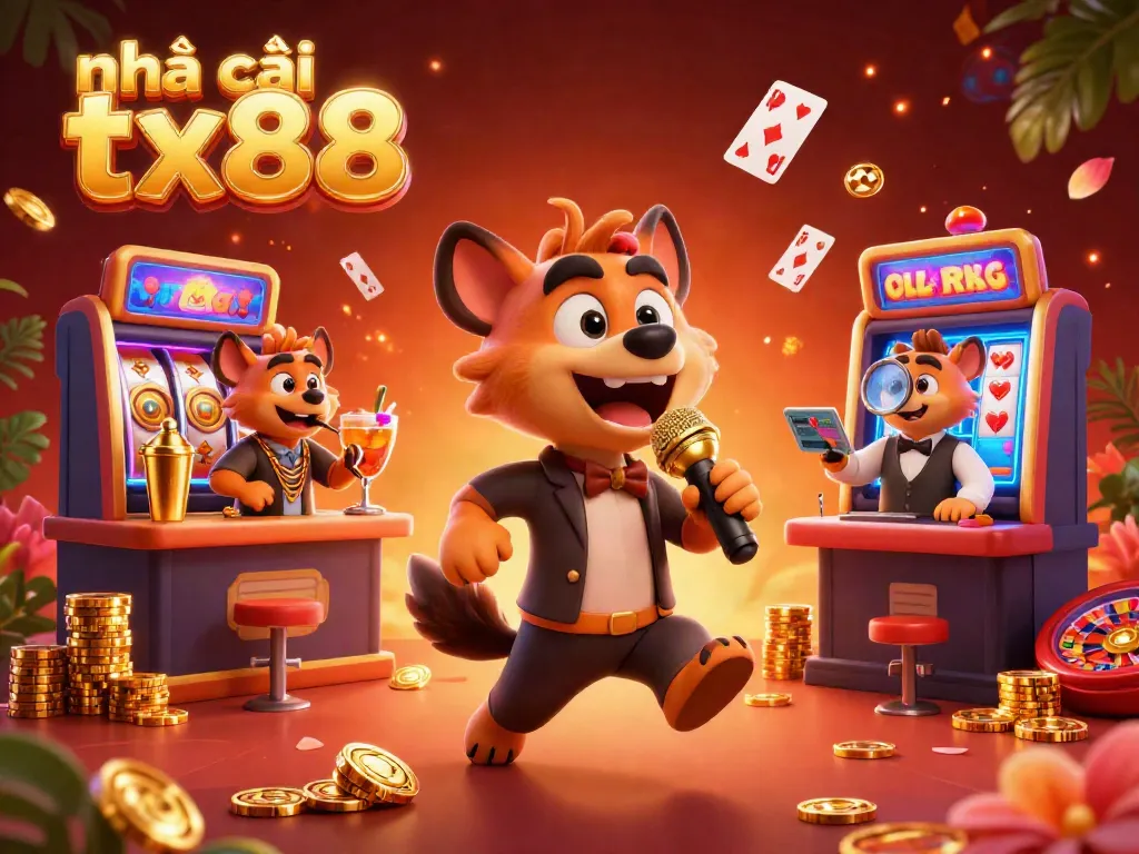 Engage with nhà cái tx88 through a vibrant scene depicting cartoon hyenas running a lively online casino.