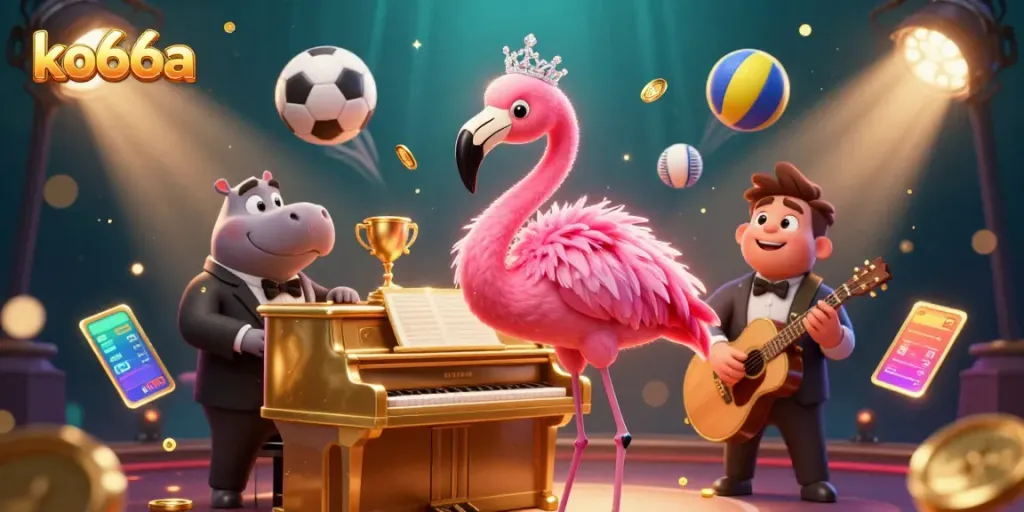 Experience excitement within ko66a's vibrant 3D casino scene featuring colorful characters, golden trophies, and dynamic gaming elements.