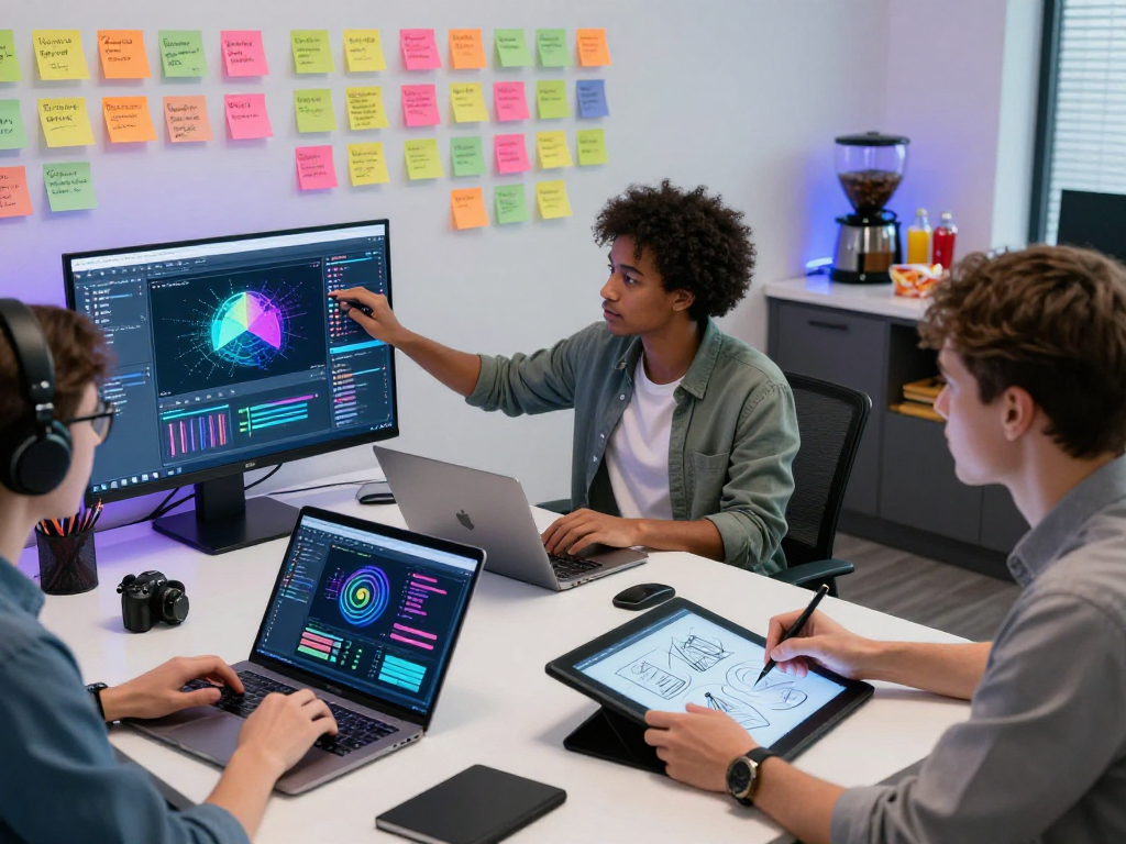 Collaboration scene showcasing nsfw ai content creation in a modern office with diverse professionals and tech tools.