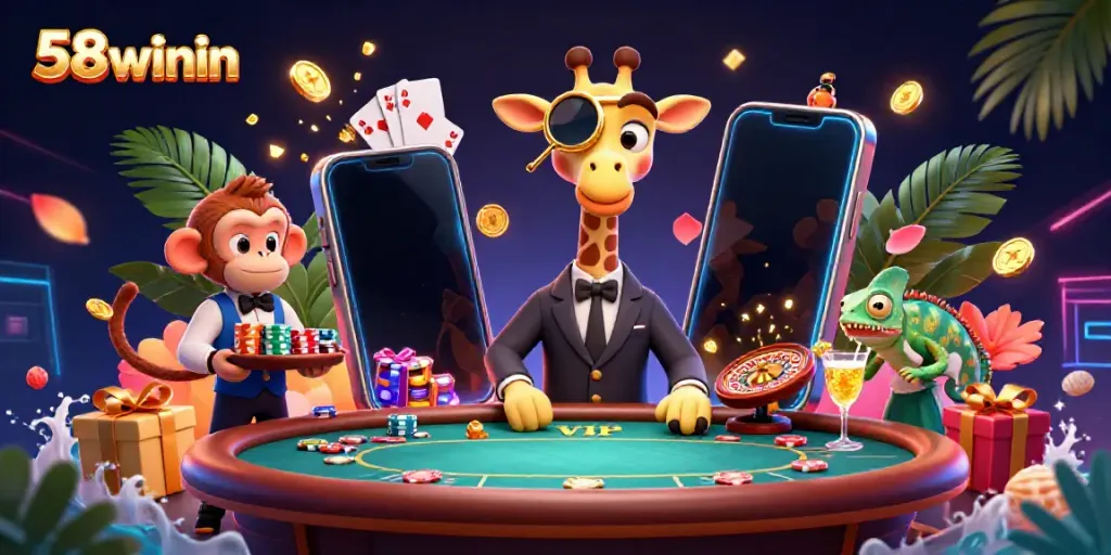 Engage in a thrilling gaming experience at 58winin with a high-roller giraffe at a poker table amid vibrant casino elements.