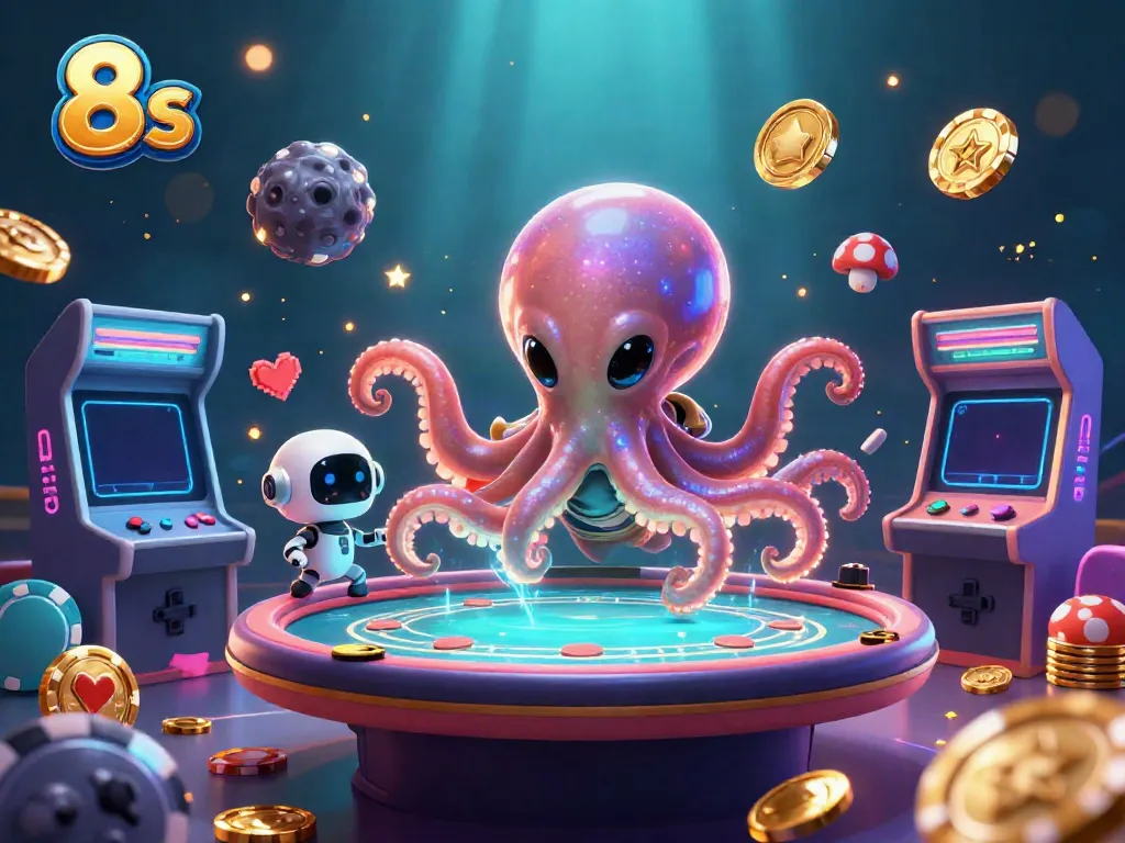 Engage in thrilling poker action with alien octopus and tiny robot at the exciting casino 8s.
