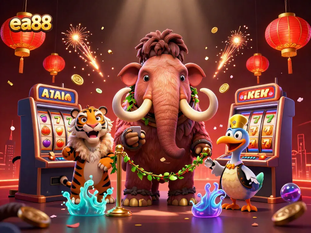 Experience ea88 with a lively 3D casino scene featuring unique characters and vibrant game elements.