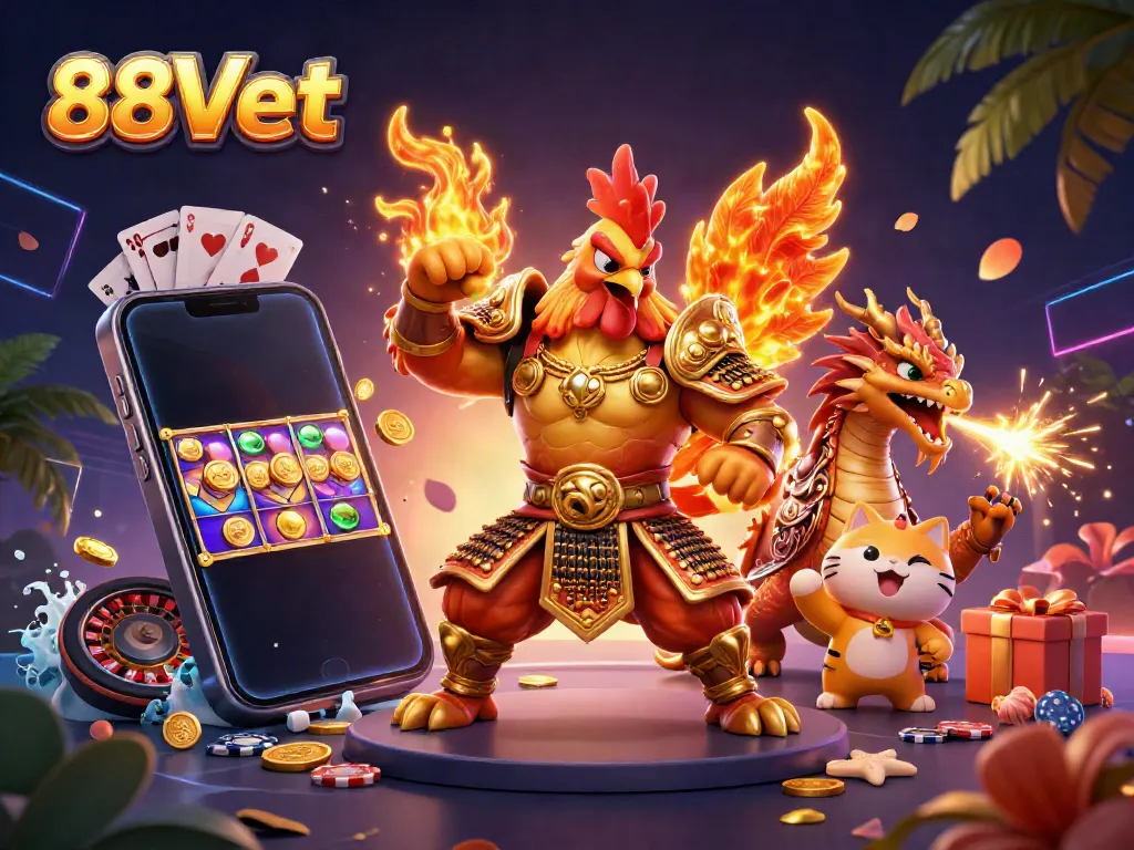 Experience thrilling gameplay with 88Vbet featuring a champion rooster, dragon, and exciting casino elements.