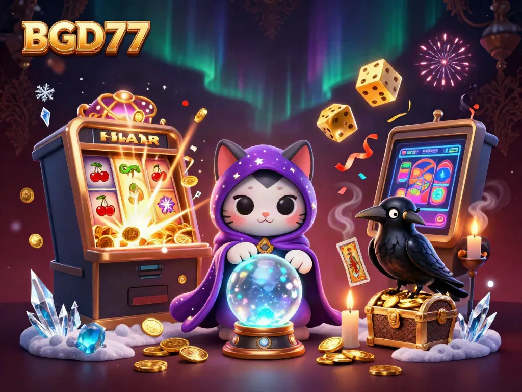 Experience the magic of BGD77 with a dynamic casino illustration featuring enchanting characters and vibrant game elements.