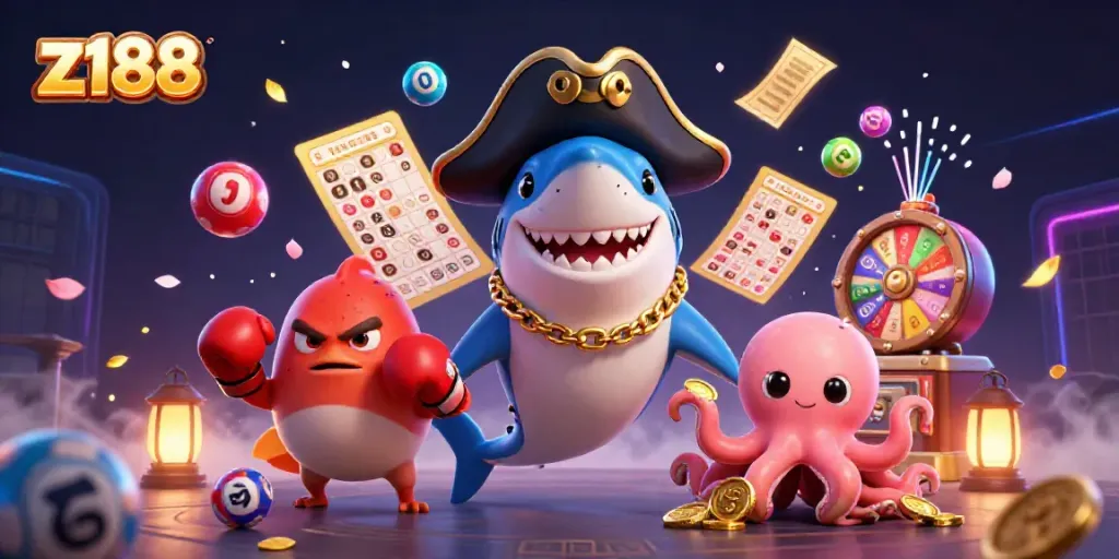 Engage with z188's vibrant gambling scene featuring a pirate shark, pufferfish, and octopus in dynamic action.