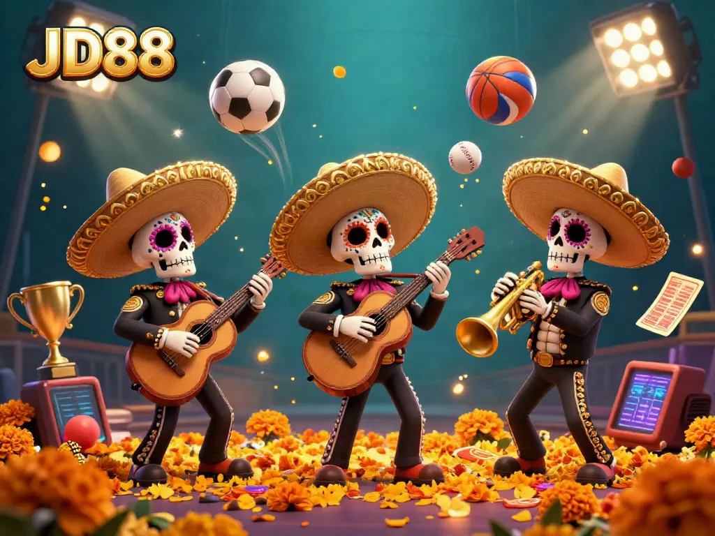 Experience thrilling gaming action at JD88 with our vibrant mariachi band and dynamic sports elements.