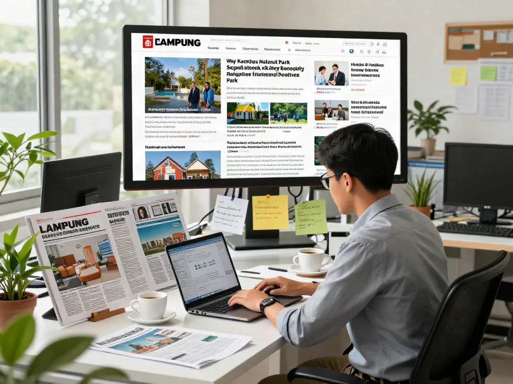News reporter at lornematthews.com office covering Lampung's latest updates with laptop, articles, and environmental news.