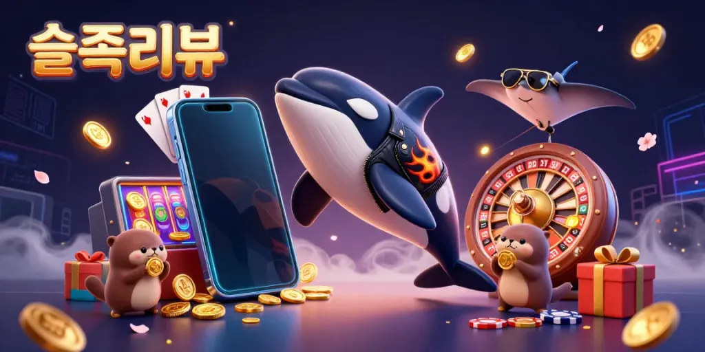 Experience 슬롯리뷰 with a vibrant 3D scene featuring dynamic characters, spinning slot game elements, and rich golden coins.