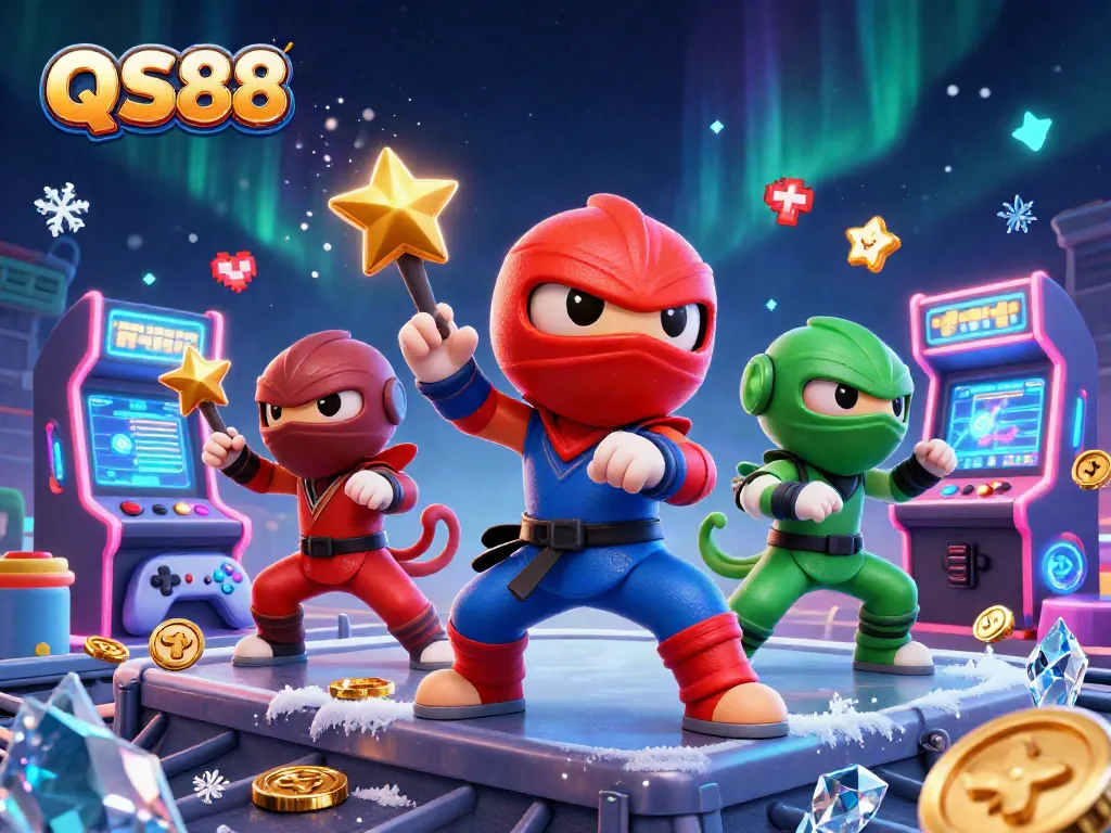 Experience vibrant gaming action with QS88 as a team of colorful ninja chameleons showcases their skills in a dynamic casino setting.