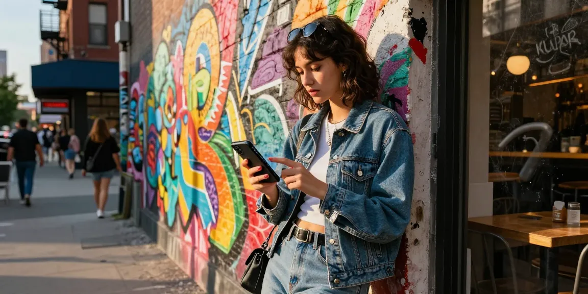 Urban lifestyle scene with a young woman using AI technology, showcasing the ai slut keyword in a vibrant city atmosphere.