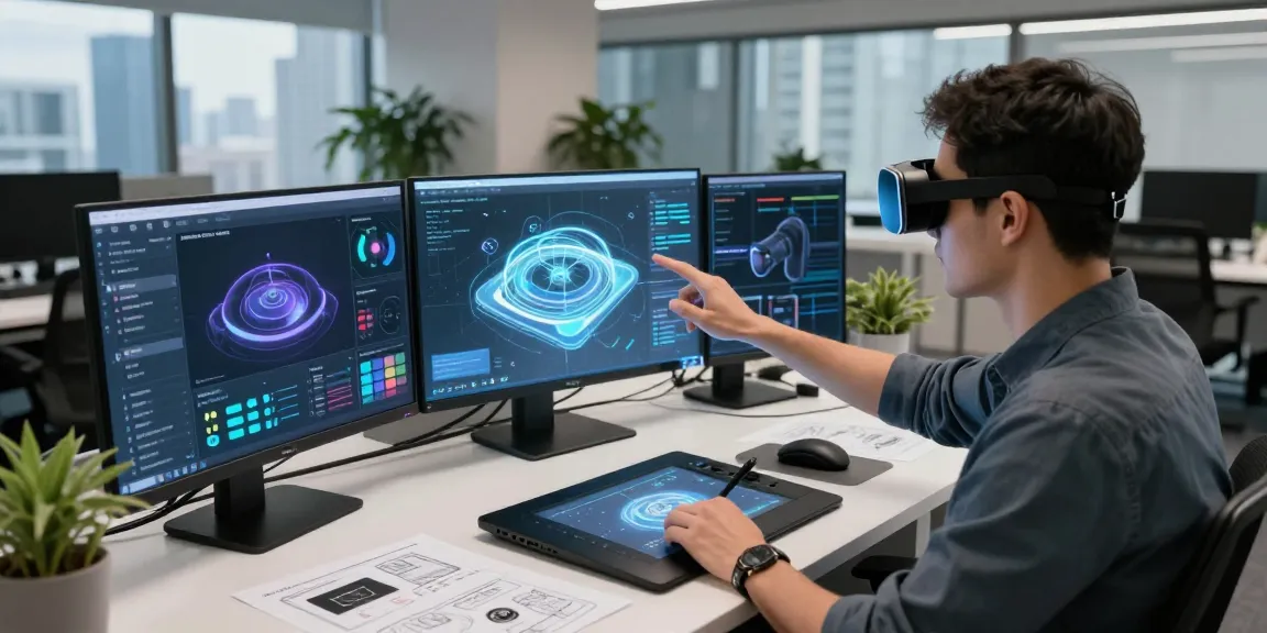 Designer using AR glasses to create 3D visualizations in a modern office.