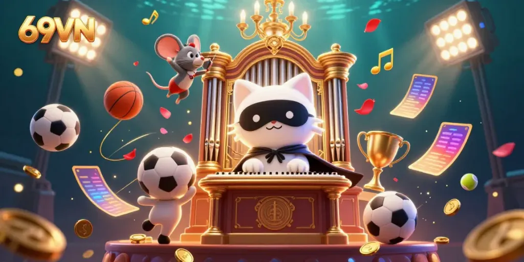 Experience thrilling gameplay with 69VN's vibrant casino scene filled with dynamic sports elements and animated characters.