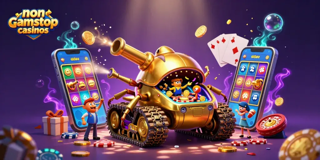 Experience thrilling action at non gamstop casinos with a vibrant 3D casino scene featuring colorful game elements.