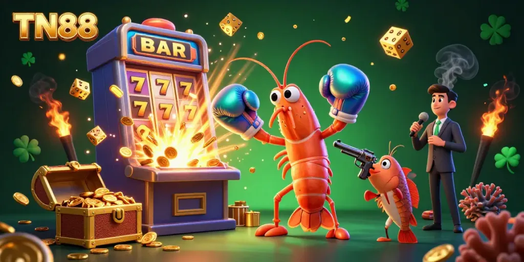Engage in exhilarating casino action with TN88, including vibrant characters and jackpot symbols.