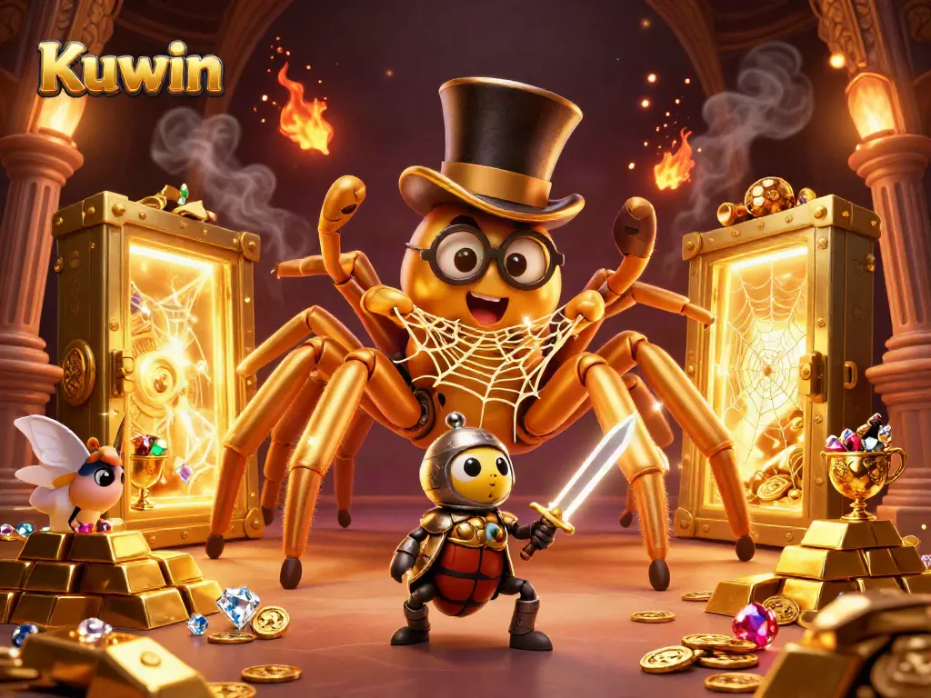 Kuwin's vibrant casino scene showcases a golden tarantula and beetle knight amidst treasure and enchanting lights.