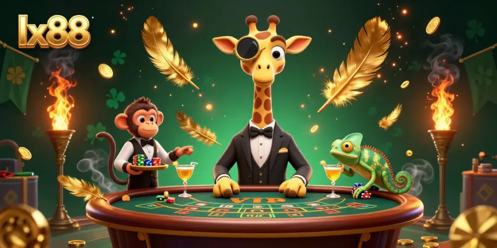 Experience thrill with the lx88 high-roller giraffe and vibrant casino elements in this animated scene.
