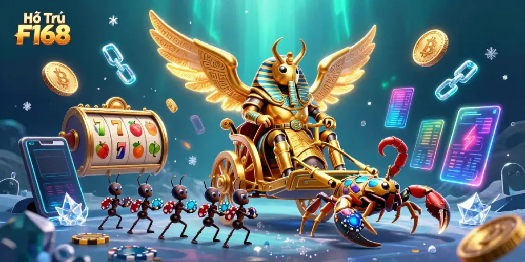 Play and win with Hỗ Trợ F168 amidst glowing slot reels and vibrant casino elements.