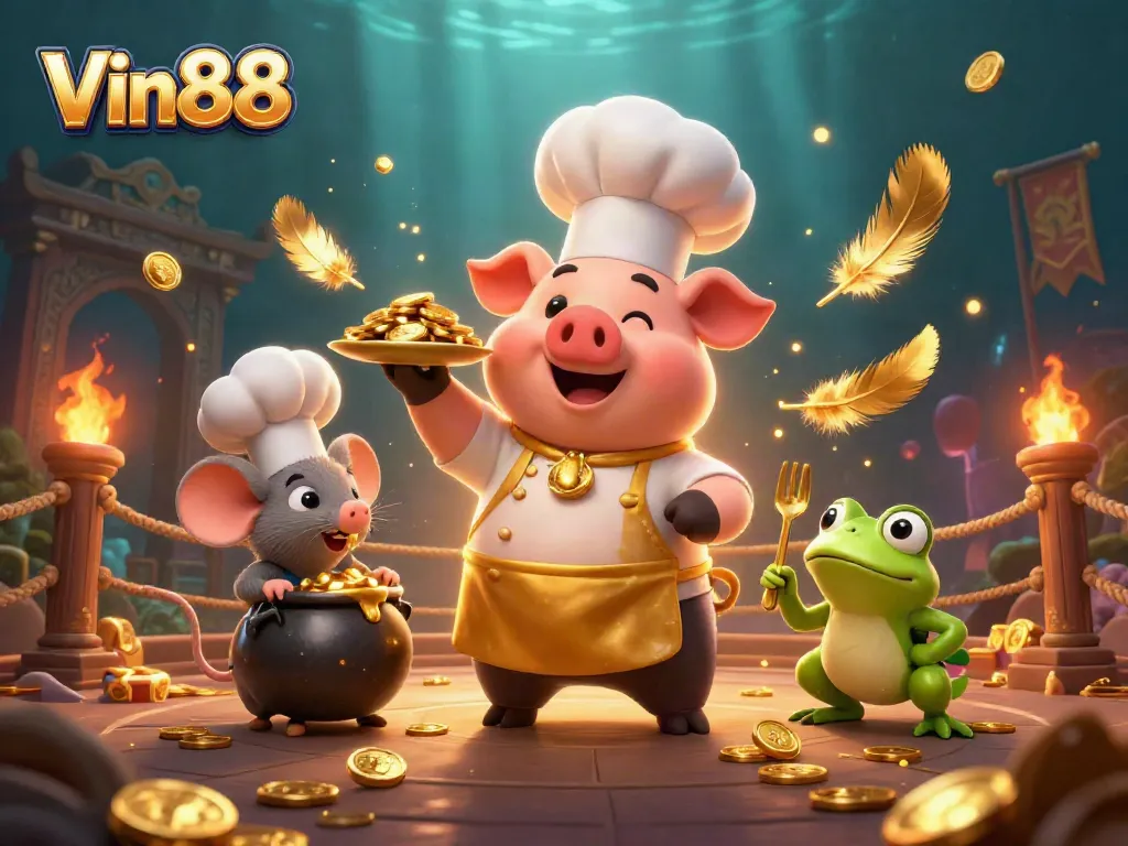 Experience the allure of Vin88 with rich casino elements, gold coins, and vibrant characters.