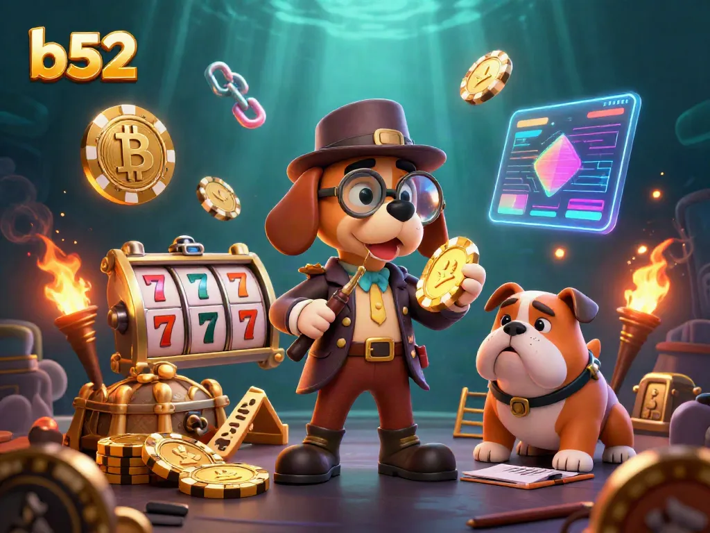 Join the b52 action with a detective dog discovering treasures in a vibrant casino setting.